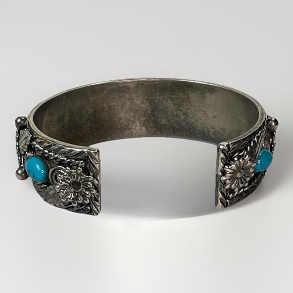 Vintage Navajo Mixed Metal Cuff Bracelet Turquoise Coral Inlay 46.3g HEAVY- 8.5” - Picture 4 of 12